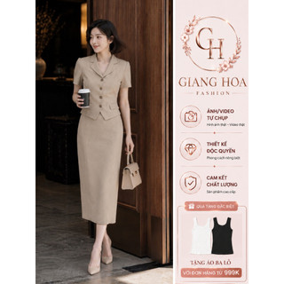 VT260420 -Set Công Sở Nữ Cao Cấp Giang Hoa – Áo Vest Tay Ngắn Chân Váy Dài Midi Tôn Dáng Thanh Lịch Hàn Quốc