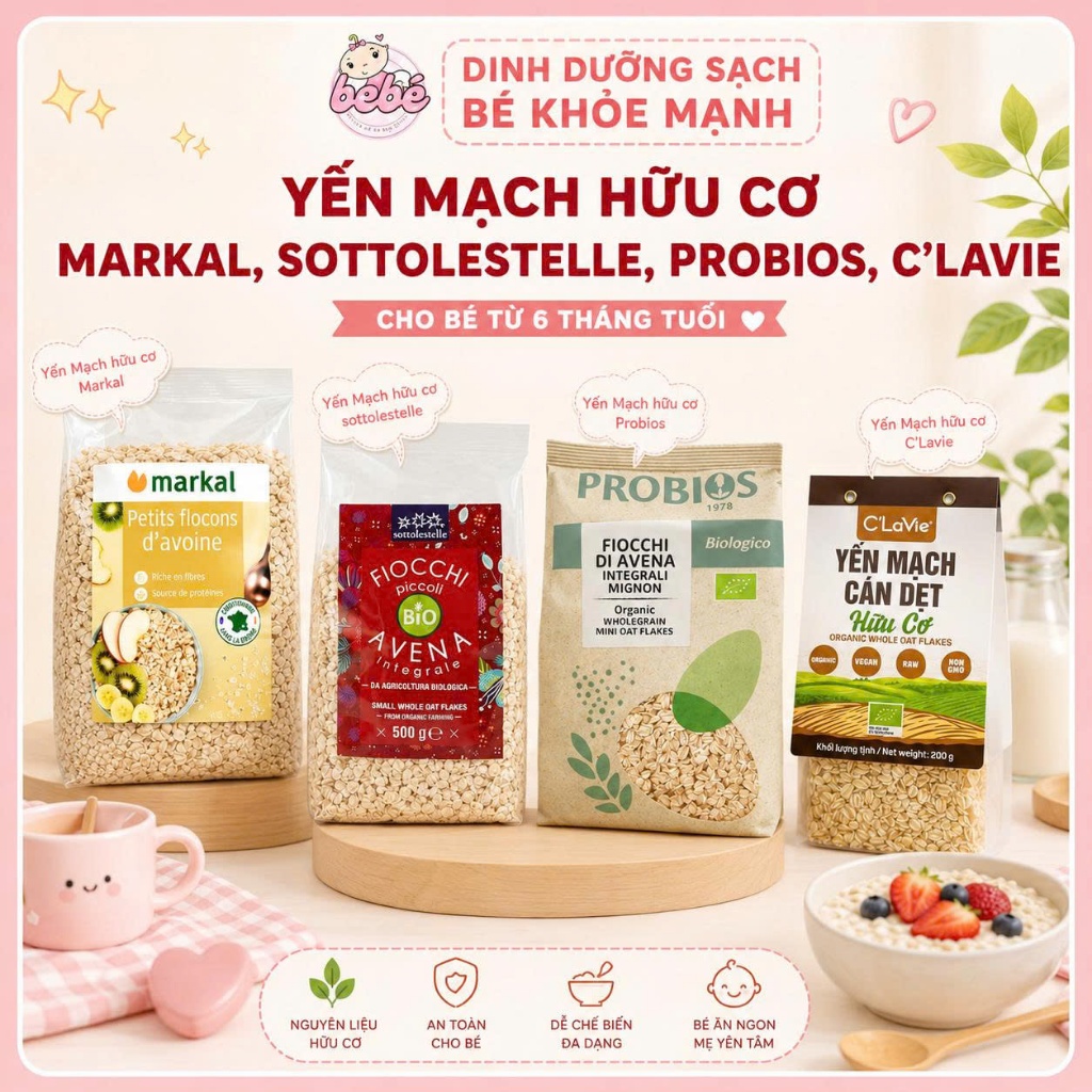 Yến mạch hữu cơ Markal, Sottolestelle, Probios, C'Lavie cho bé ăn dặm từ 6 tháng - túi 500gr