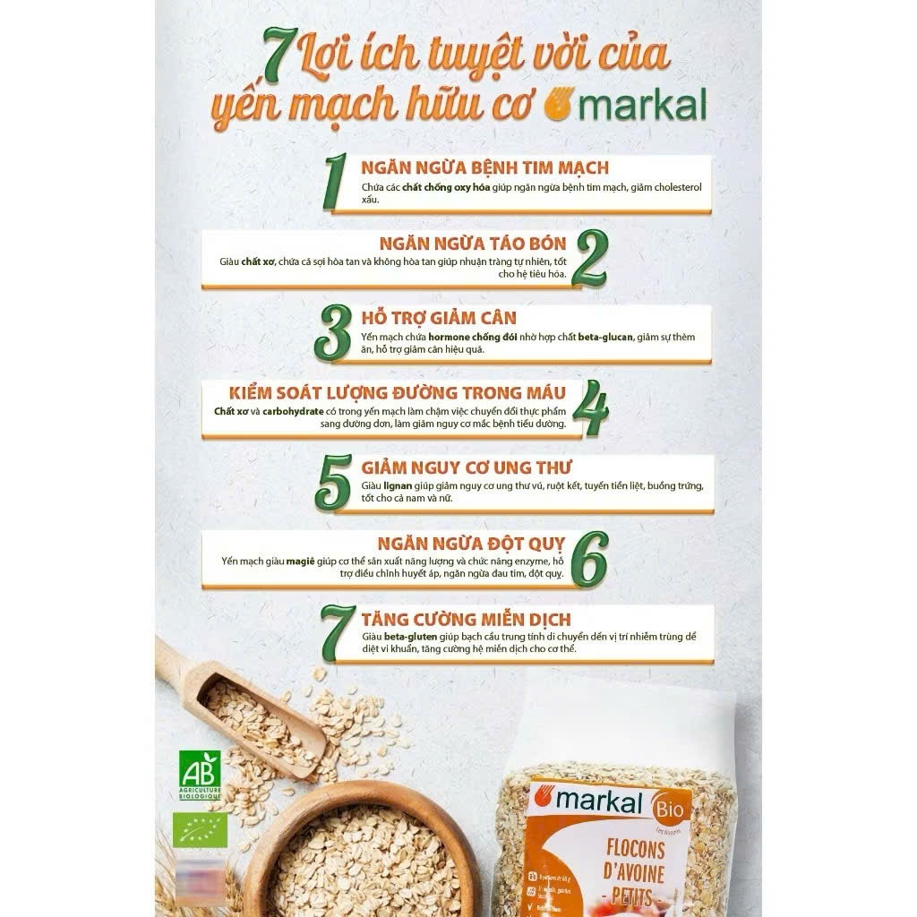 Yến Mạch Hữu Cơ Cán Mỏng Vỡ Markal 500g. Cho Bé Ăn Dặm, Người Tiểu Đường, Eatclean