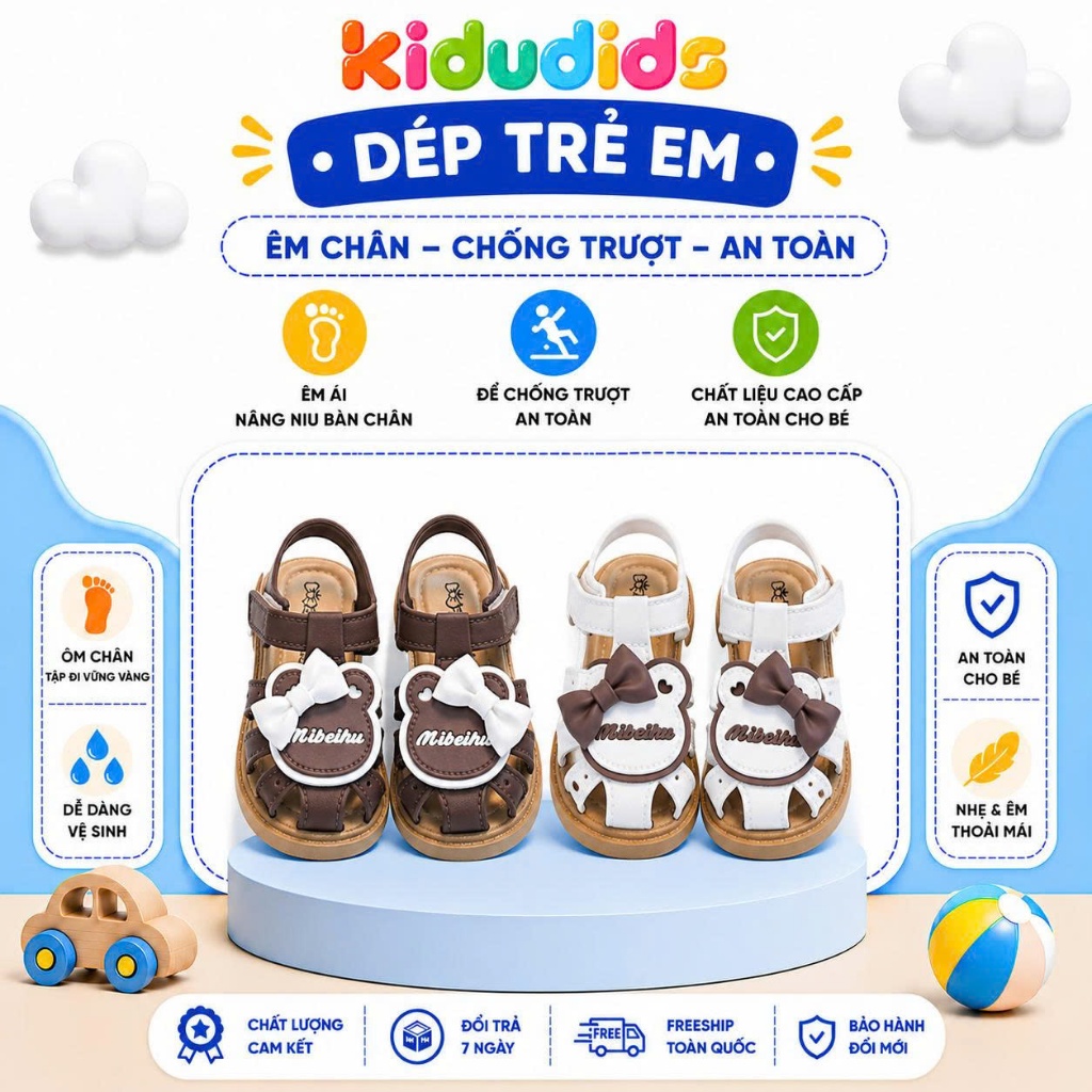 Dép Sandal Bé Gái Kidudids Gấu Nơ Xinh Có Còi Chống Trượt Êm Chân Tập Đi Cho Bé Size 18-23