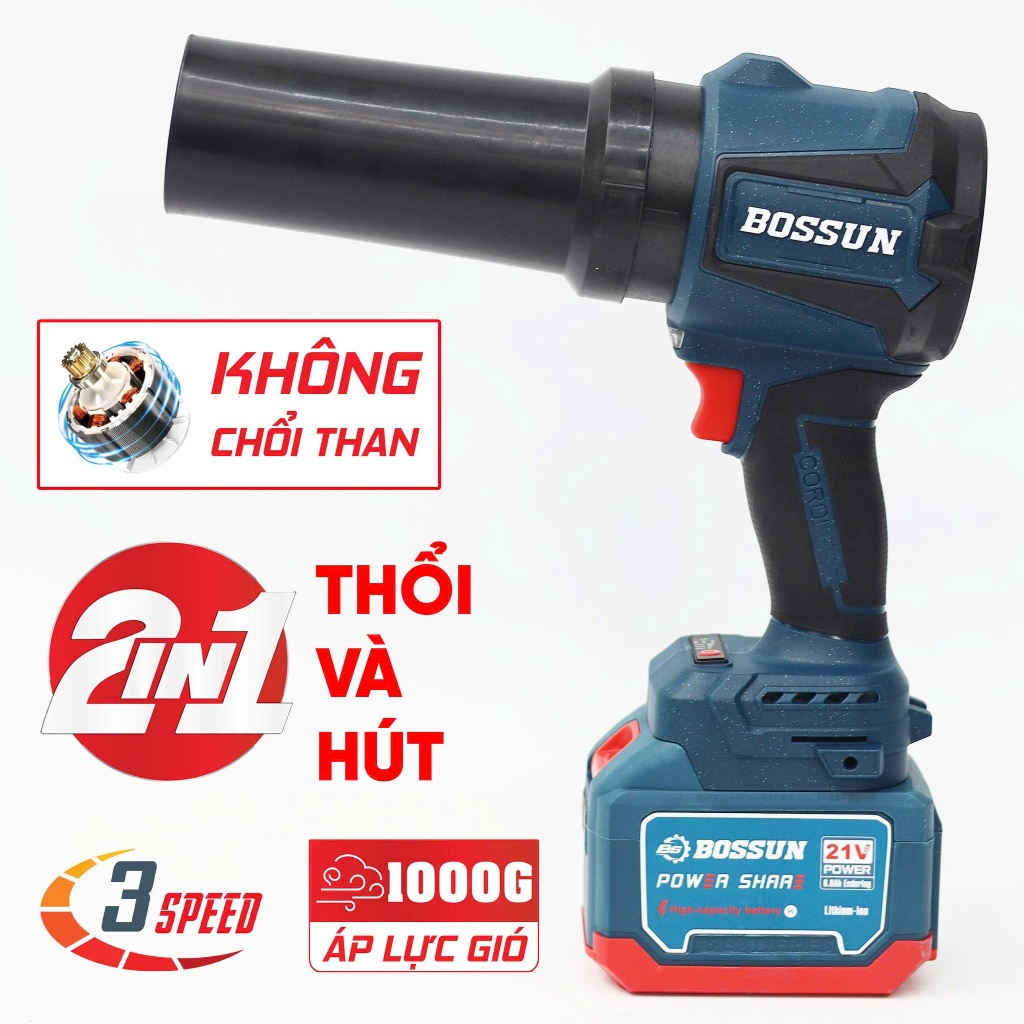 Máy thổi phản lực kèm hút bụi BS BOSSUN BS-PL2IN1, Chỉnh tốc 3 cấp 38.000v/p, Chân pin phổ thông