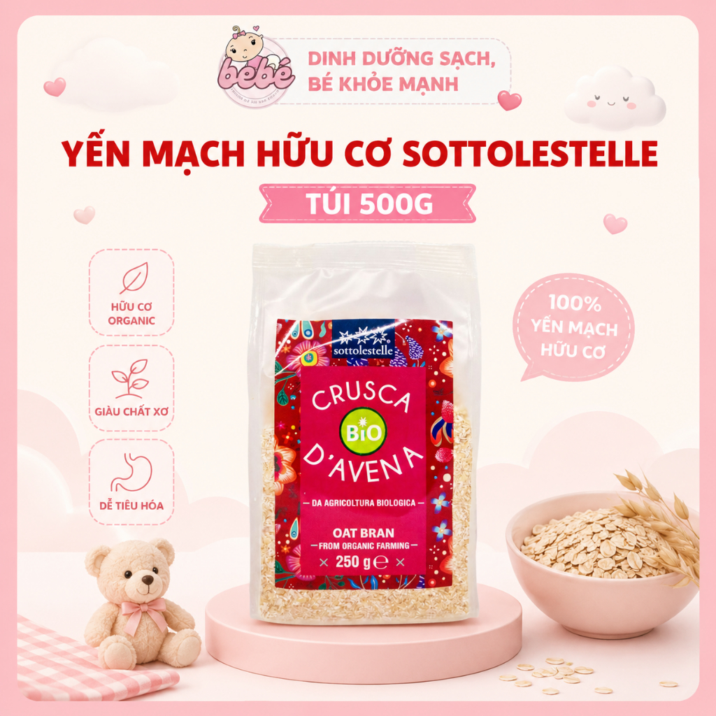 Yến Mạch Hữu Cơ Sottolestelle Ý 500g. Cho Bé Ăn Dặm, Người Tiểu Đường, Eatclean