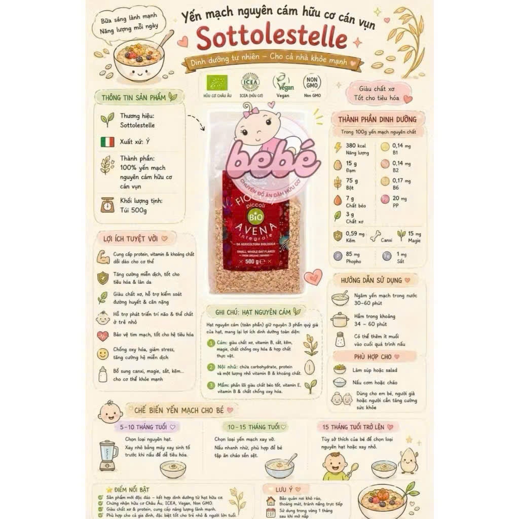Yến Mạch Hữu Cơ Sottolestelle Ý 500g. Cho Bé Ăn Dặm, Người Tiểu Đường, Eatclean
