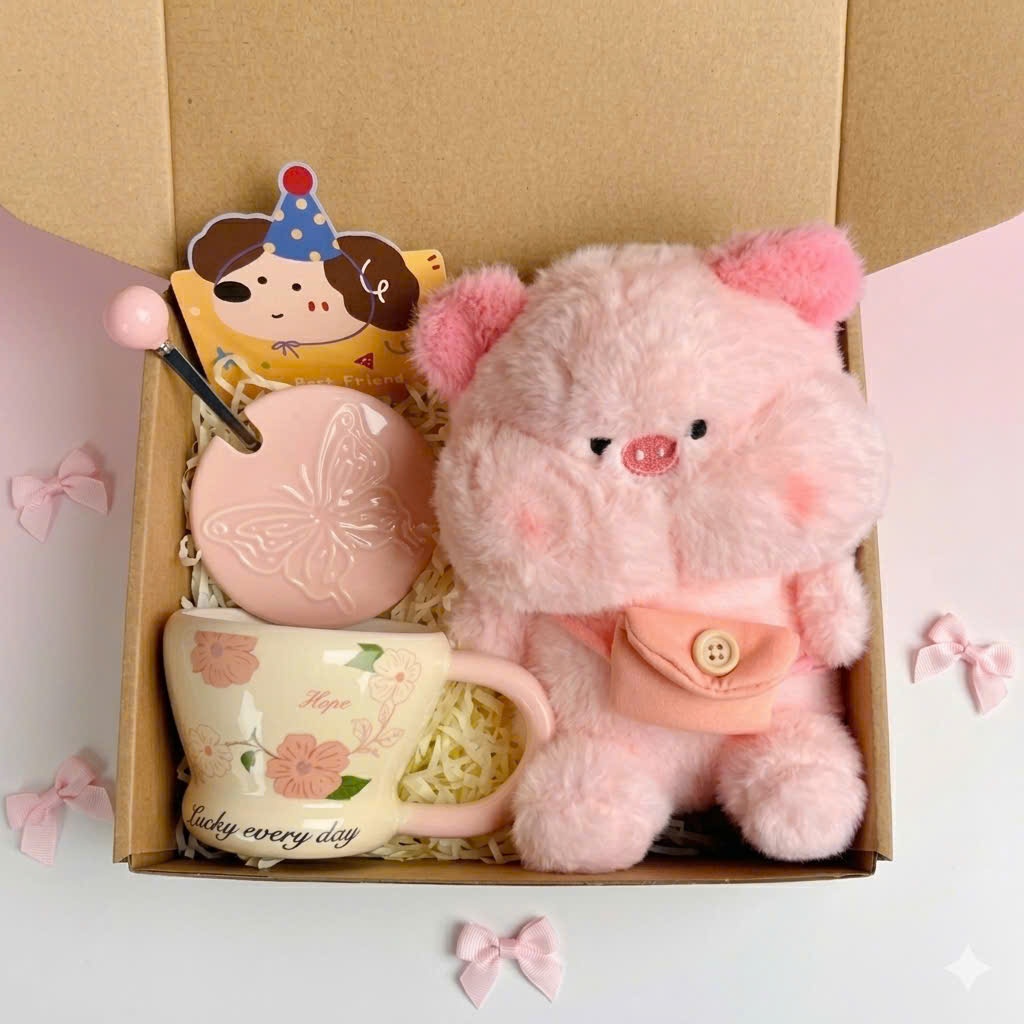 Set quà tặng Cốc Sứ Cao Cấp kèm Gấu Má Hồng , Thiệp, Lót Ly, Phụ Kiện Xinh Quà Tặng Bạn Gái, Bạn Bè Người Thân