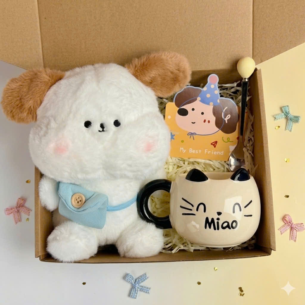 Set quà tặng Cốc Sứ Cao Cấp kèm Gấu Má Hồng , Thiệp, Lót Ly, Phụ Kiện Xinh Quà Tặng Bạn Gái, Bạn Bè Người Thân