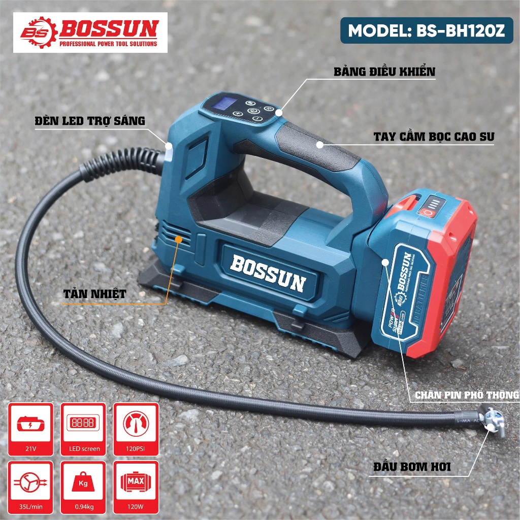 Máy bơm hơi xe máy, ô tô dùng pin BS BOSSUN BS-BH120Z, Áp suất 120psi, Kèm đèn Led - Bảng hiển thị