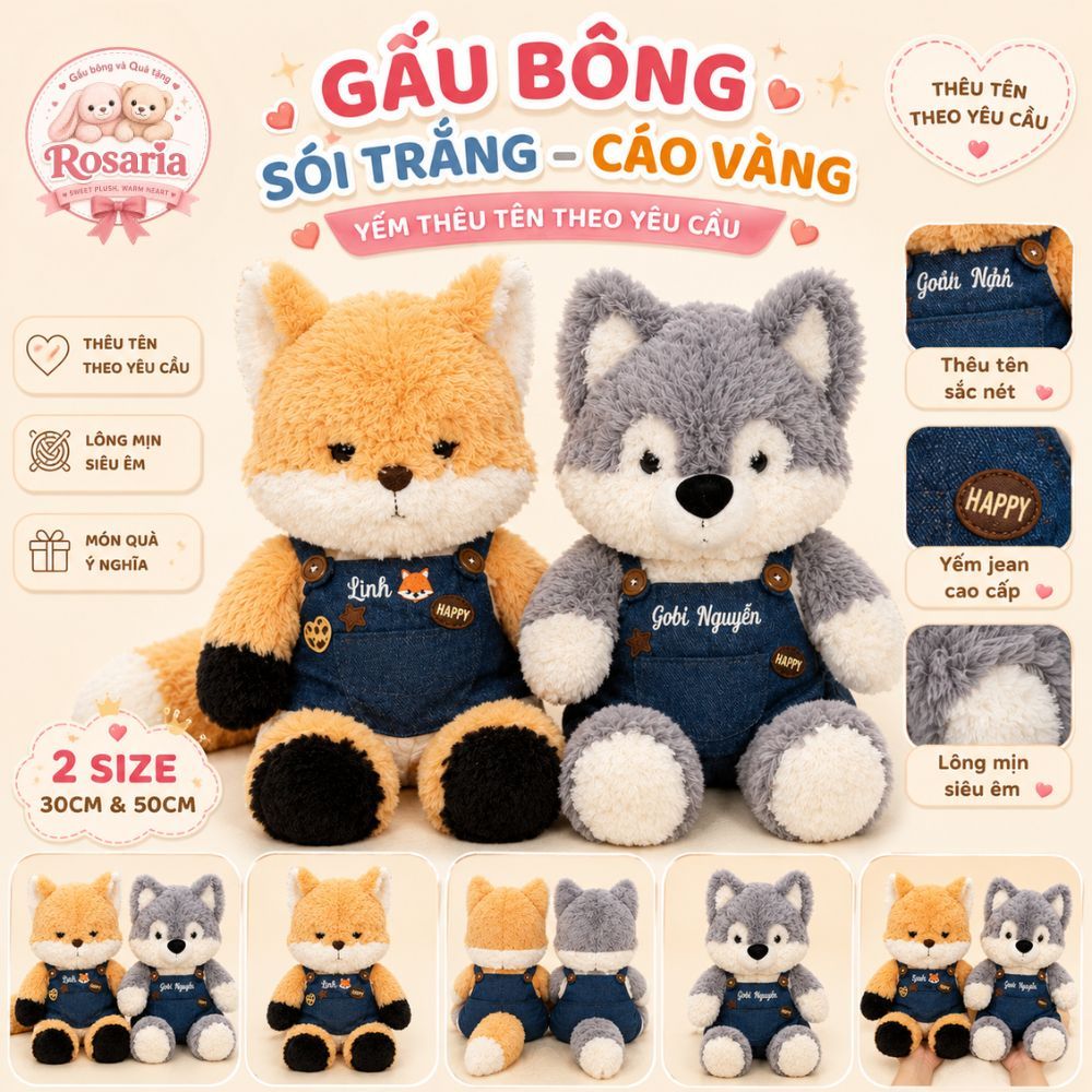 Thú Nhồi Bông Sói Trắng, Cáo Vàng Mặc Yếm Thêu Tên – Gấu Bông Cao Cấp Decor Phòng Quà Tặng Dễ Thương