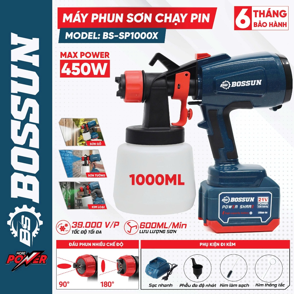 Máy phun sơn dùng pin BS BOSSUN BS-SP1000X, Công suất 450w Lưu lượng 600ml/p - Dung tích 1000ml