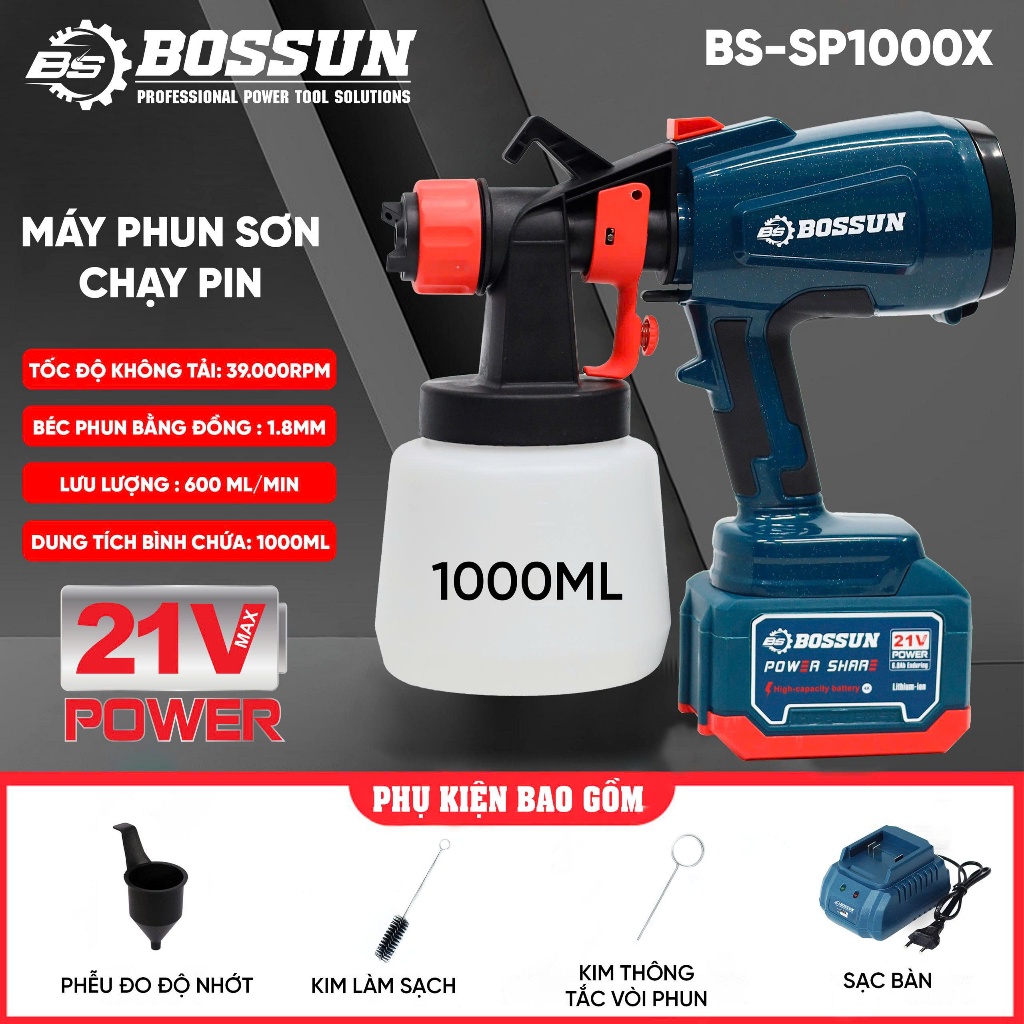 Máy phun sơn dùng pin BS BOSSUN BS-SP1000X, Công suất 450w Lưu lượng 600ml/p - Dung tích 1000ml