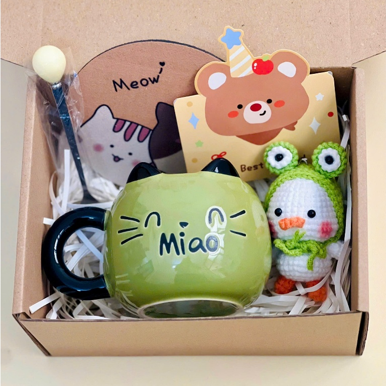 [Mới/Hỏa Tốc] Set quà tặng Cốc Sứ Bé Mắt Lồi 320ml Siêu cute kèm móc khóa, lót ly  tặng bạn bè, người thân