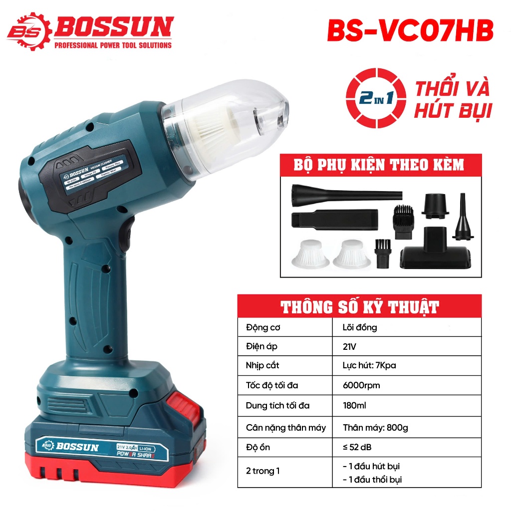 [TẶNG PHỤ KIỆN] Máy Thổi Hút Bụi  Ôto BS-VC07HB Cầm Tay BOSSUN Thường - chân phổ thông dùng cho máy khoan