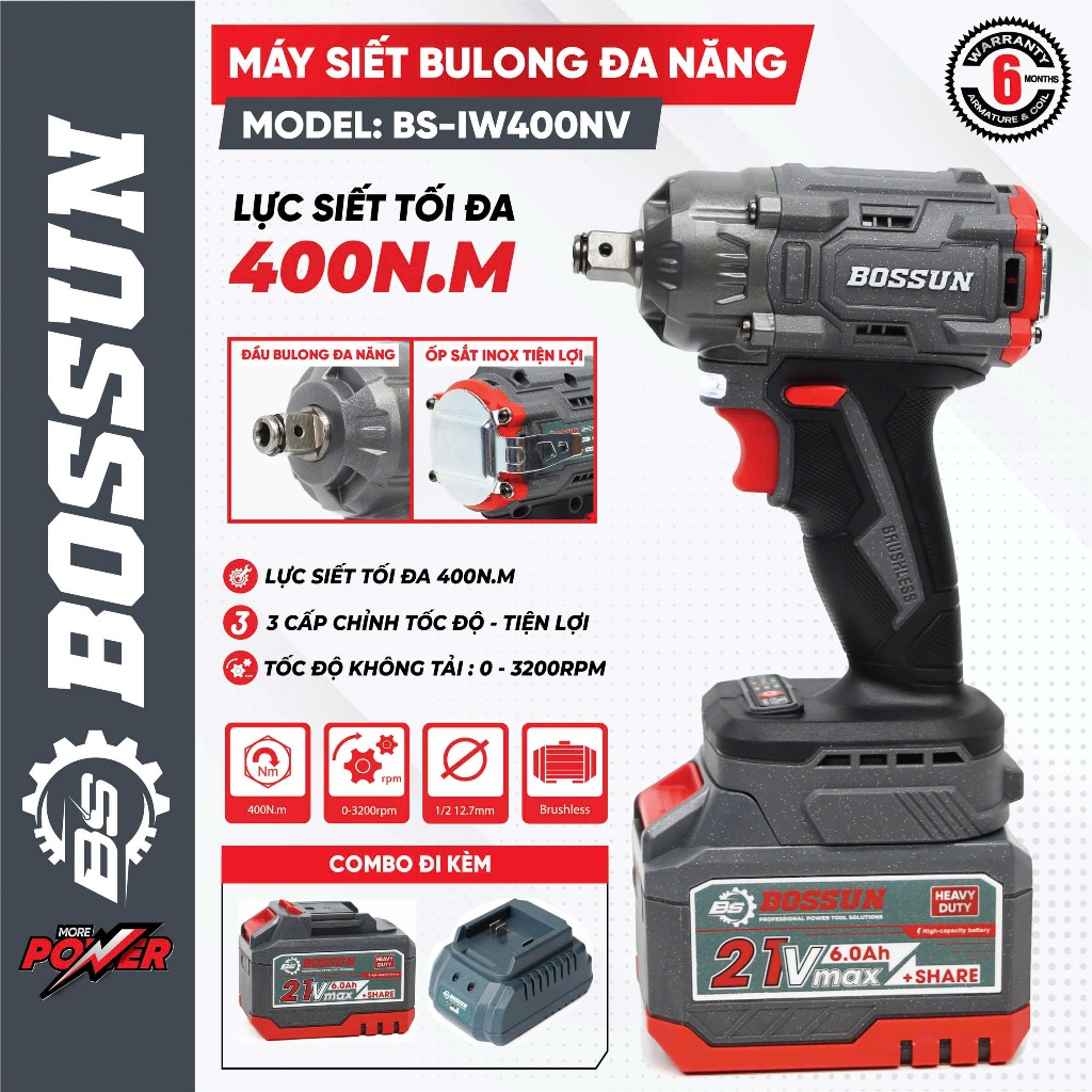 Bộ máy siết bulong đa năng BS BOSSUN M21B-IW400NV, Lực siết 400Nm, 3 Tốc độ - Kèm 2pin 15cell