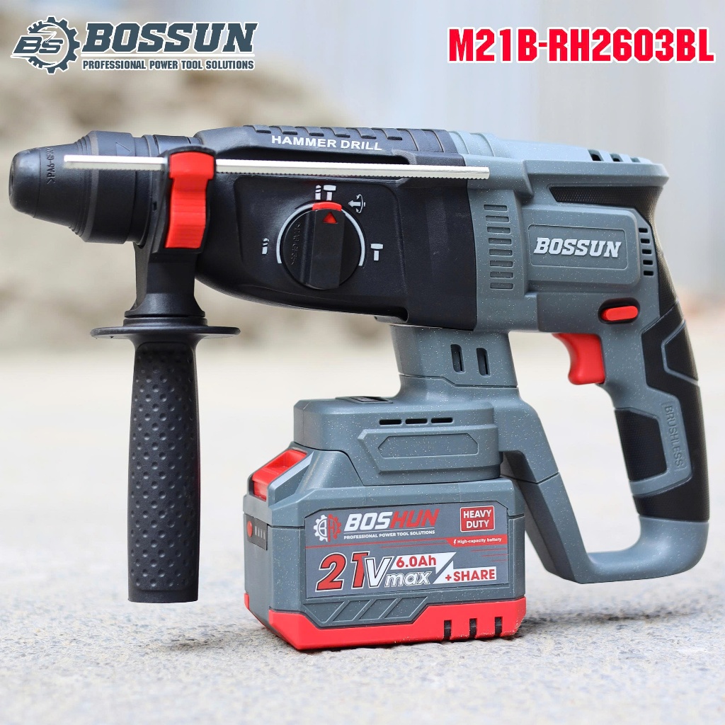 Máy khoan đục bê tông pin BS BOSSUN M21B-RH2603B, 3 Chức năng Lực đập 2.6jun - Motor Không chổi than