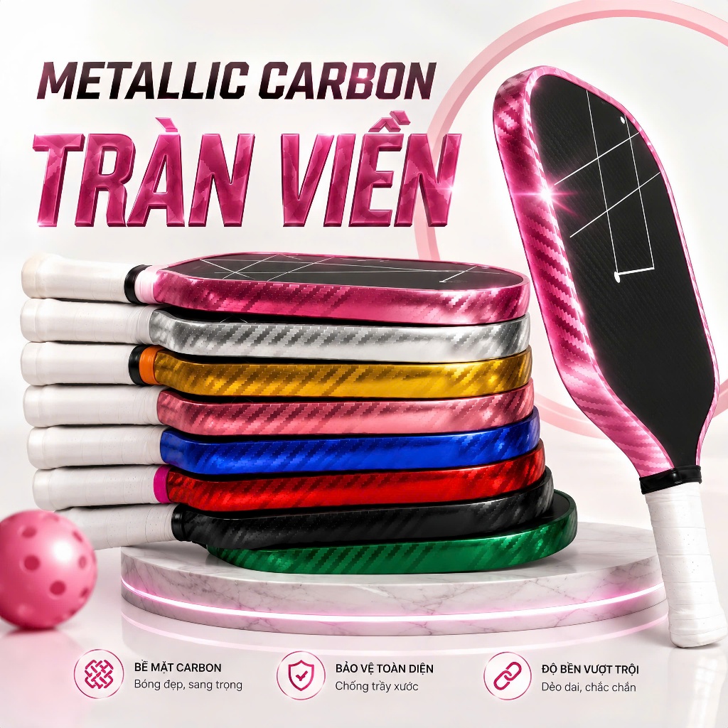 Dán viền vợt pickleball METALLIC CARBON Tràn Viền Cao Cấp 16mm 14mm 8màu ánh kim dày dặn bảo vệ 2in1