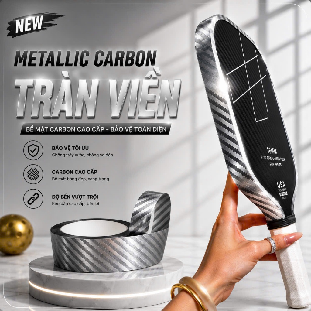 Dán viền vợt pickleball METALLIC CARBON Tràn Viền Cao Cấp 16mm 14mm 8màu ánh kim dày dặn bảo vệ 2in1