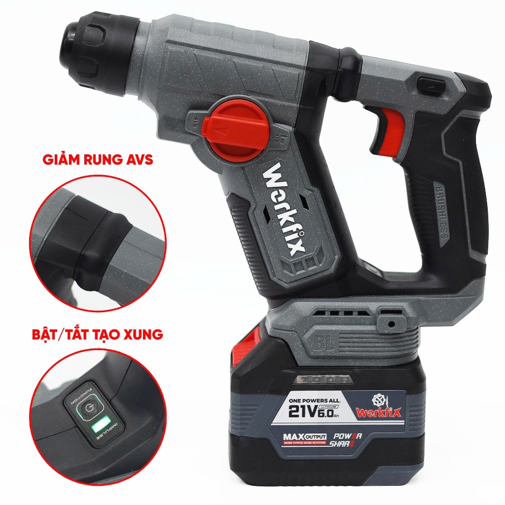 Máy khoan bê tông pin mini WORKFIX WF-RH1902MN, Lực búa 1.9j - Chống rung AVS - Không chổi than
