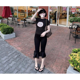 Set 2 món áo chấm bi ôm in thỏ + quần ống loe phối ren hottrend