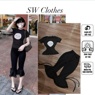 Set 2 món áo chấm bi ôm in thỏ + quần ống loe phối ren hottrend