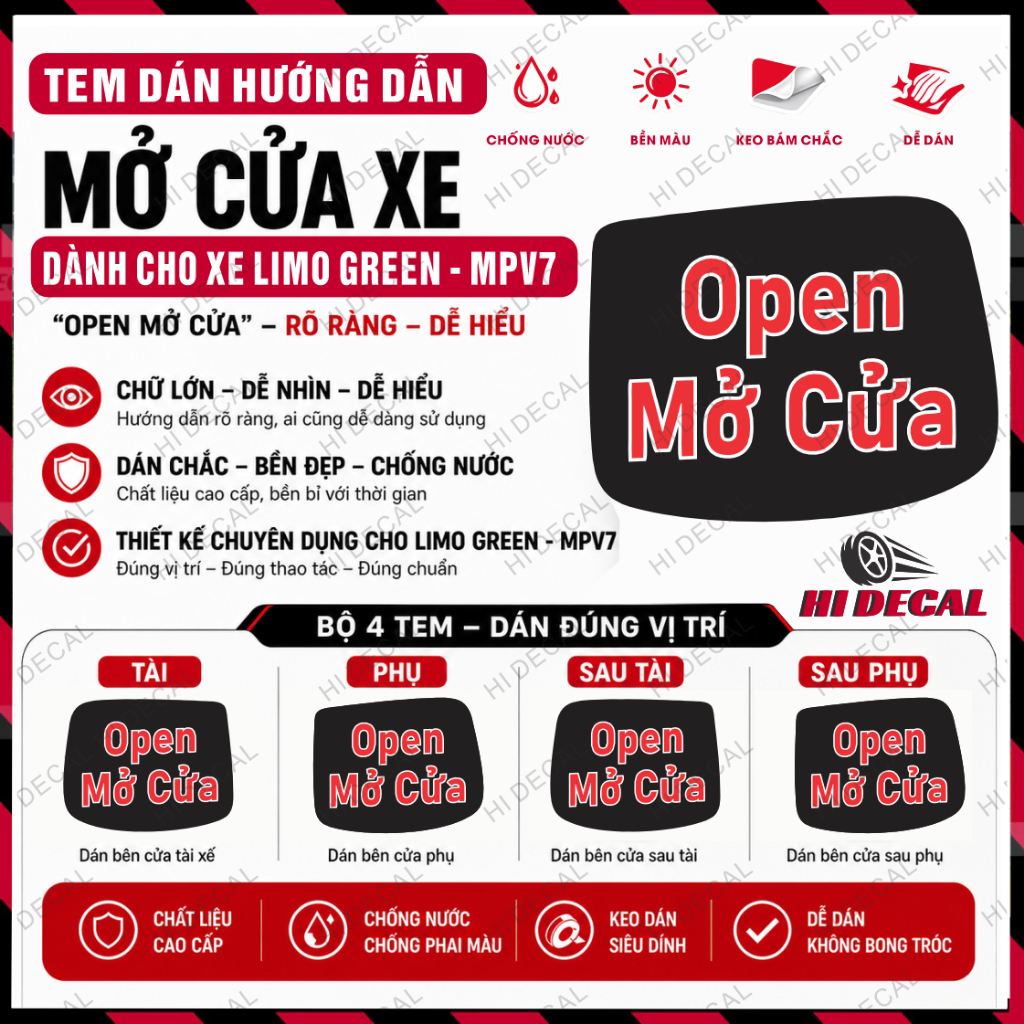 Tem Dán Hướng Dẫn Mở Cửa Xe Limo Green - MPV7 - Decal dán Open Mở Cửa chuẩn from Limo - tem bền màu dễ dán - Hi Decal
