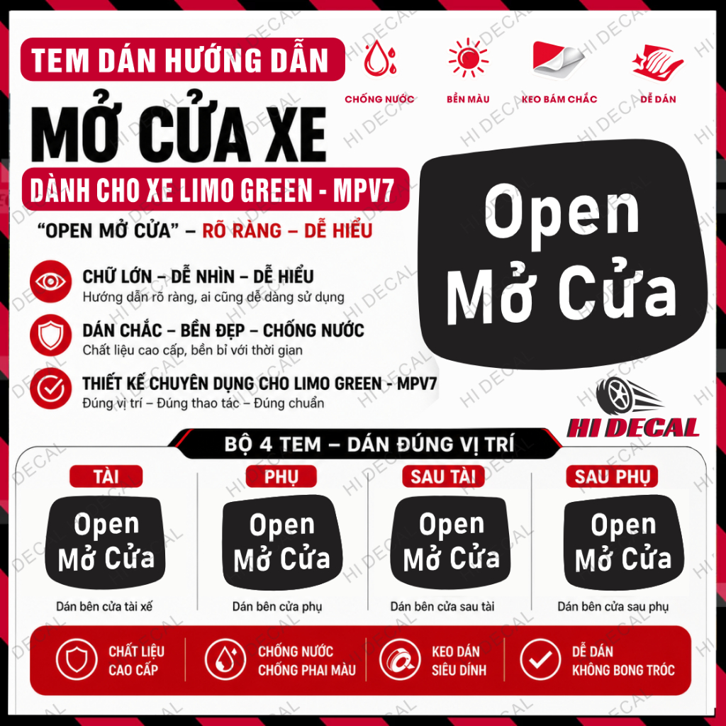 Tem Dán Hướng Dẫn Mở Cửa Xe Limo Green - MPV7 - Decal dán Open Mở Cửa chuẩn from Limo - tem bền màu dễ dán - Hi Decal