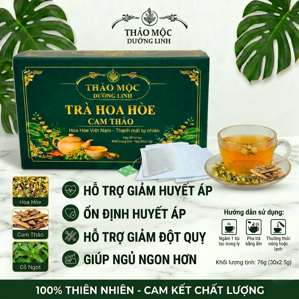 Trà Hoa Hòe Cam Thảo Túi Lọc Cao Cấp Hỗ Trợ Huyết Áp Cao, Thanh Nhiệt, Ngủ Ngon [Hộp 30 Gói]
