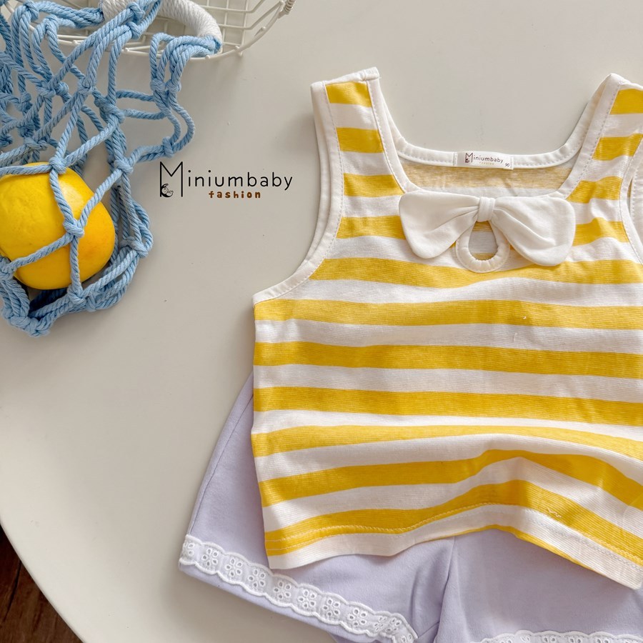 Set bộ sát nách bé gái Miniumbaby cổ đính nơ mix quần đùi ren viền cute, chất cotton mềm mát SB2750