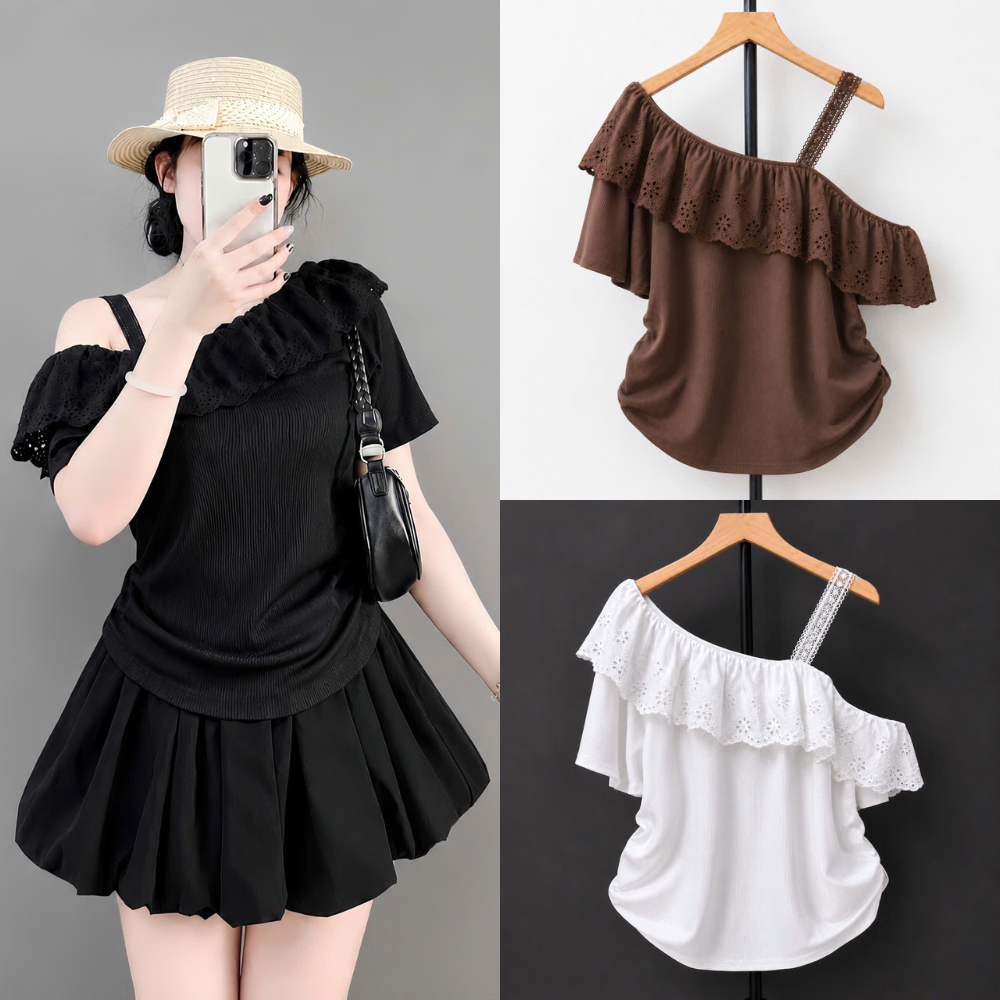 Áo Trễ Vai Bigsize Nữ Phối Ren Xô Form Rộng Che Bụng Co Giãn Thoải Mái Size Lớn 58-92kg A358