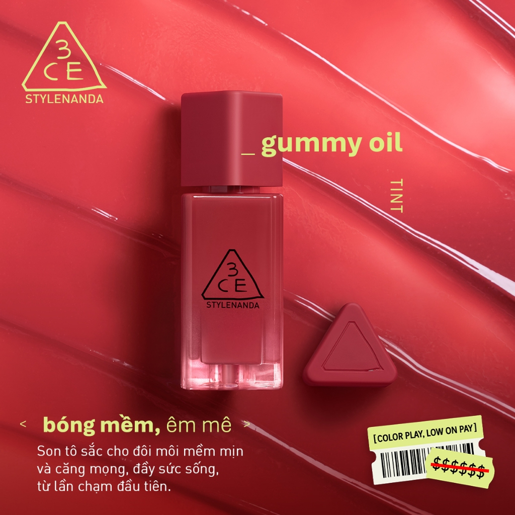 Son Tint 3CE Stylenanda Gummy Oil Tint 4g Chính Hãng - Son Bóng Mọng, Dưỡng Ẩm Môi, Lên Màu Tự Nhiên