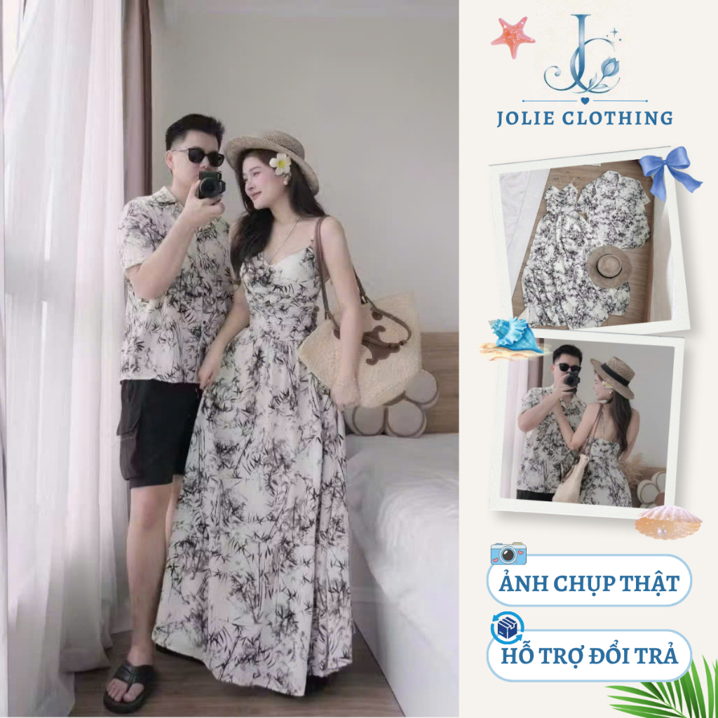 Set Đồ Nam Nữ Đi Biển - Váy 2 Dây Dáng Dài Có Mút Ngực Và Áo Sơ Mi Nam Họa Tiết Mềm Mát Cho Các Cặp Đôi Đi Du Lịch