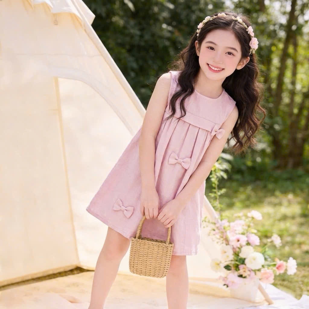 VÁY ĐẦM THỜI TRANG CHO BÉ GÁI CHẤT THÔ HÀN PHỐI NƠ XINH XẮN CHO BÉ GÁI TỪ 9-30KG