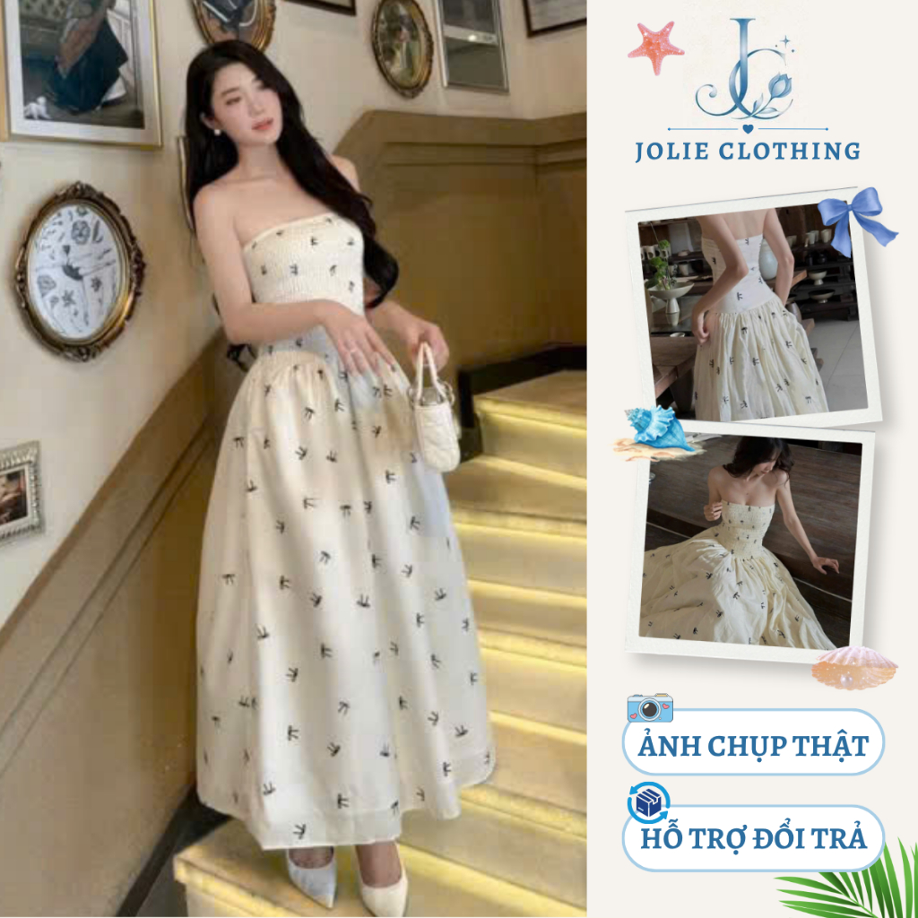 (2 LỚP LÓT LỤA) Cúp Ngực Bo Chun Họa Tiết Nơ, Đầm Quây Nơ Xinh, Váy Maxi Đi Biển Đi Du Lịch Đi Chơi