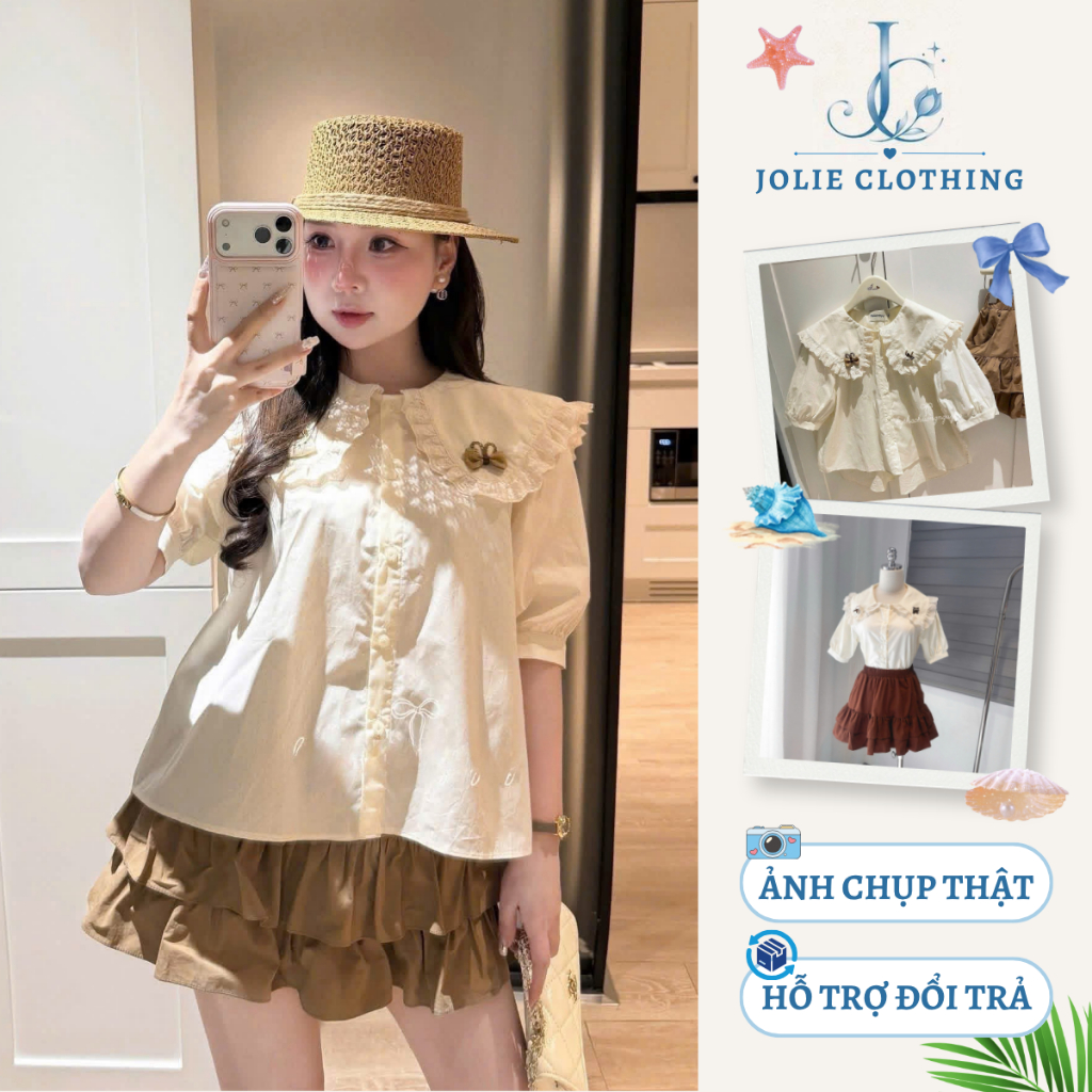 Sét bộ nữ váy dáng xòe mix với áo sơ mi cổ bèo xinh đẹp tiểu thư