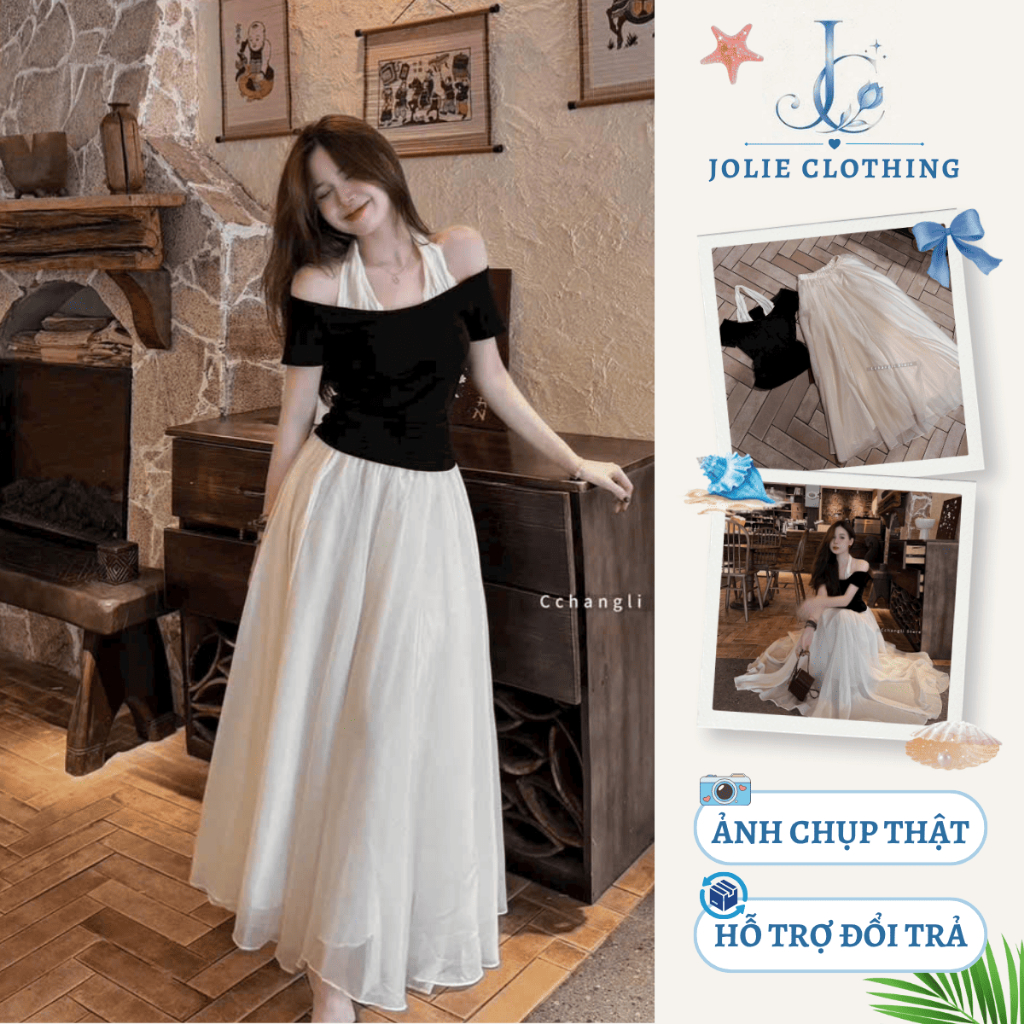 Set Đồ Nữ Áo Trễ Vai Cổ Yếm Mix Chân Váy Voan Dài Sang Chảnh Set váy thời trang nữ áo ngắn tay hàn quốc