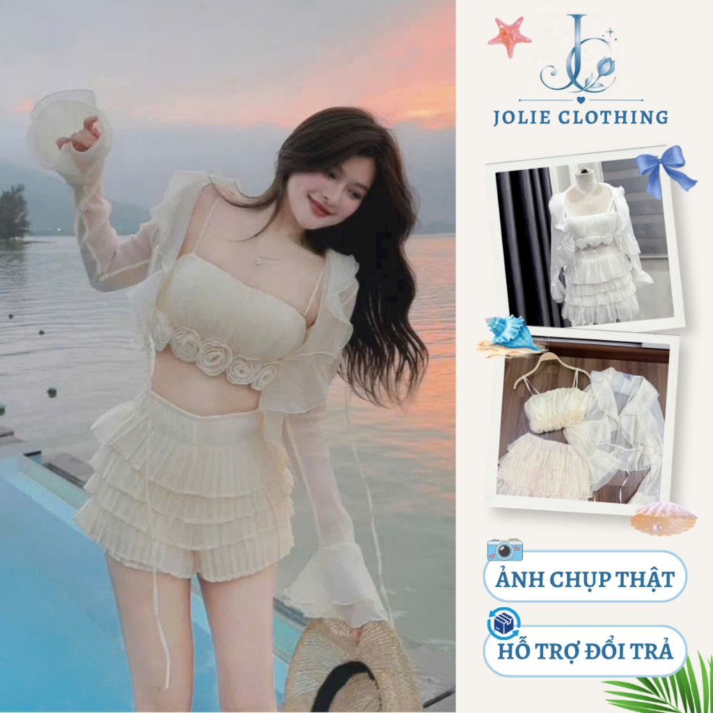 Set đồ đi biển Bộ áo croptop cúp ngực phối tay voan kèm chân váy ngắn tầng đi biển