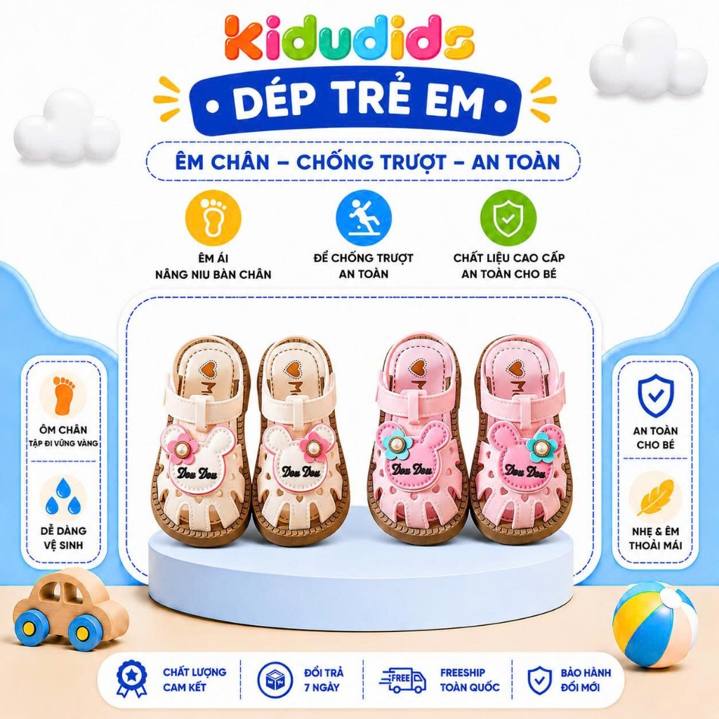 Dép Sandal Bé Gái Kidudids Hình Gấu Hoa Dễ Thương Chống Trượt Tập Đi Cho Bé Gái Size 15-19 Mã 066