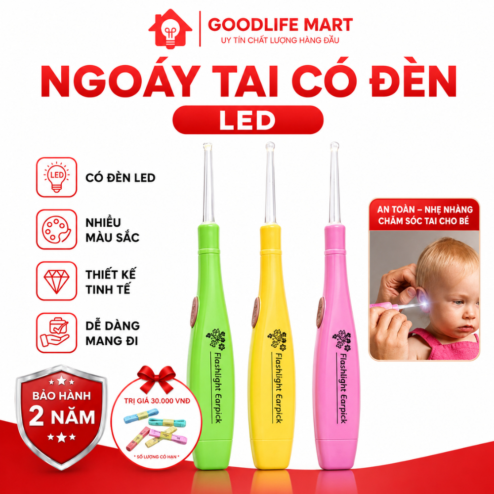 Ngoáy tai có đèn tặng kèm ba đầu ngoáy tai thông minh, siêu tiện lợi an toàn cho trẻ