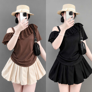 Set Áo Váy Tiểu Thư Bigsize Nữ Áo Thun Trễ Vai Tay Ngắn Phối Chân Váy Bí Bồng Xòe A358+CV413