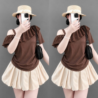 Set Áo Váy Tiểu Thư Bigsize Nữ Áo Thun Trễ Vai Tay Ngắn Phối Chân Váy Bí Bồng Xòe A358+CV413