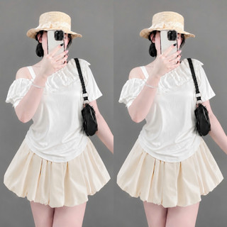 Set Áo Váy Tiểu Thư Bigsize Nữ Áo Thun Trễ Vai Tay Ngắn Phối Chân Váy Bí Dễ Thương A358+CV413
