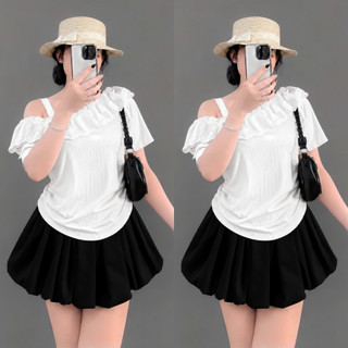 Set Áo Váy Tiểu Thư Bigsize Nữ Áo Thun Trễ Vai Tay Ngắn Phối Chân Váy Bí Bồng Xòe A358+CV413