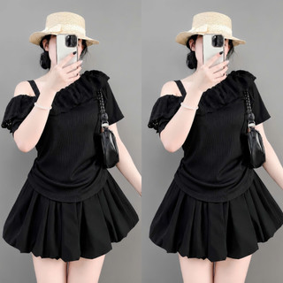 Set Áo Váy Tiểu Thư Bigsize Nữ Áo Thun Trễ Vai Tay Ngắn Phối Chân Váy Bí Bồng Xòe A358+CV413