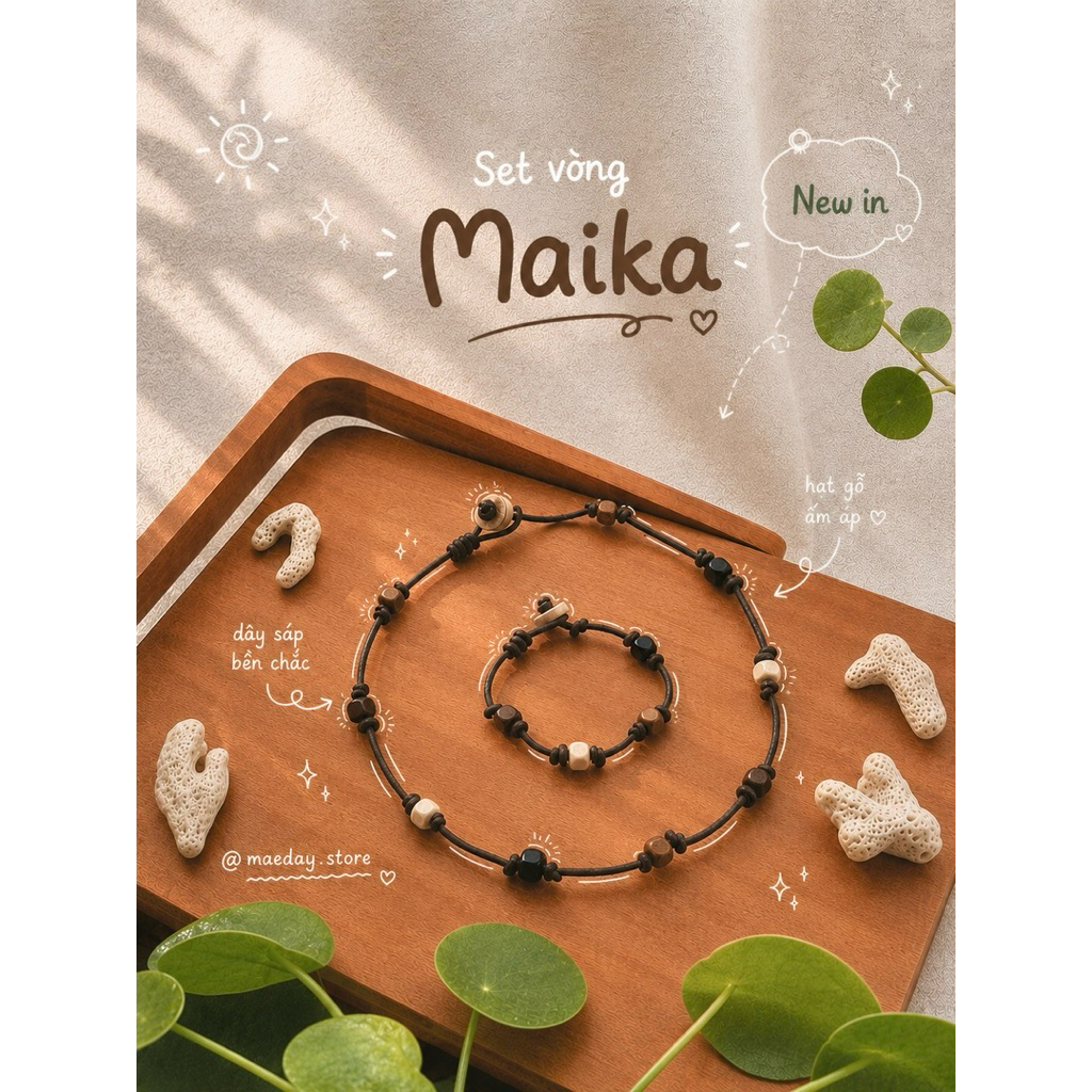 Set vòng Maika - Vòng tay, vòng cổ / dây chuyền đan hạt gỗ thủ công vintage