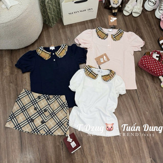 Áo polo cộc tay phối cổ sen bèo hoạ tiết kẻ nâu