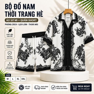 bộ sơ mi mặc hè ngắn tay nam chất lụa họa tiết cao cấp, bộ quần áo cộc tay nam siêu thoáng mát PLN fashion N50