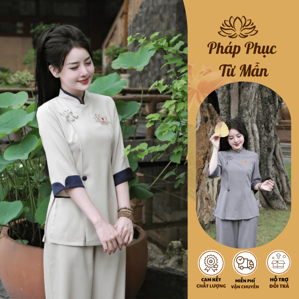 Bộ đồ đi chùa cổ tàu thêu sen vải đũi thái Đồ lam nữ phối viền đính cúc bọc đũi mềm Thanh lịch