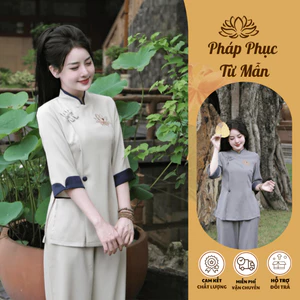 Bộ đồ đi chùa cổ tàu thêu sen vải đũi thái Đồ lam nữ phối viền đính cúc bọc đũi mềm Thanh lịch