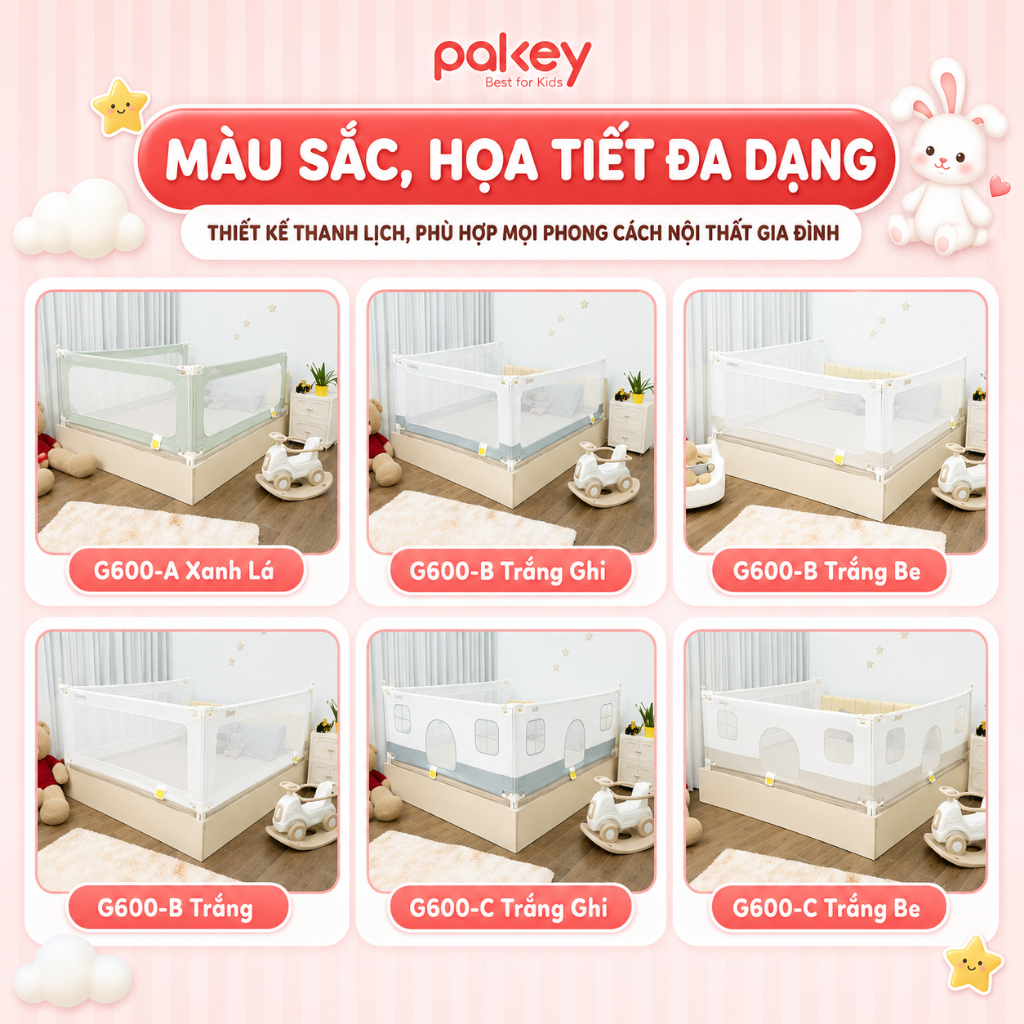 [NEW 2026] Thanh Chắn Giường Mẫu Mới Độc Quyền Pakey G600, Khóa Bấm Kép Trên Dưới Mạ Vàng, Vải 600D Mềm Mịn Chống Bẩn