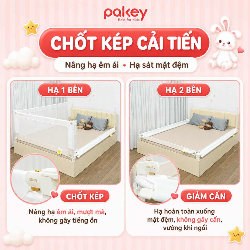 [NEW 2026] Thanh Chắn Giường Mẫu Mới Độc Quyền Pakey G600, Khóa Bấm Kép Trên Dưới Mạ Vàng, Vải 600D Mềm Mịn Chống Bẩn
