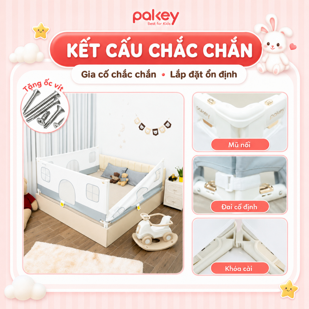 [NEW 2026] Thanh Chắn Giường Mẫu Mới Độc Quyền Pakey G600, Khóa Bấm Kép Trên Dưới Mạ Vàng, Vải 600D Mềm Mịn Chống Bẩn