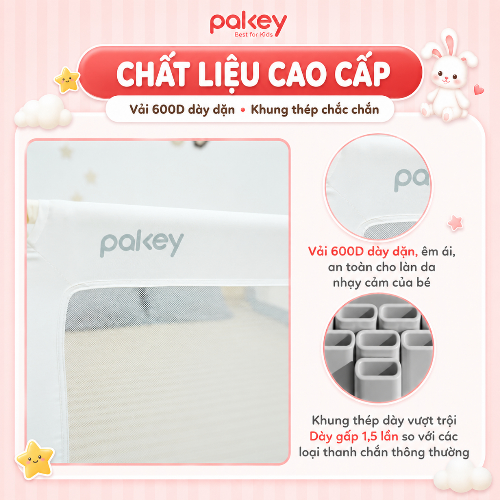 [NEW 2026] Thanh Chắn Giường Mẫu Mới Độc Quyền Pakey G600, Khóa Bấm Kép Trên Dưới Mạ Vàng, Vải 600D Mềm Mịn Chống Bẩn